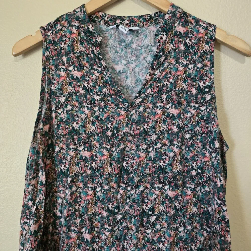 Nine West Floral Tiered Mini Dress Sleeveless V-Neck Pink Teal Black Women's Lrg